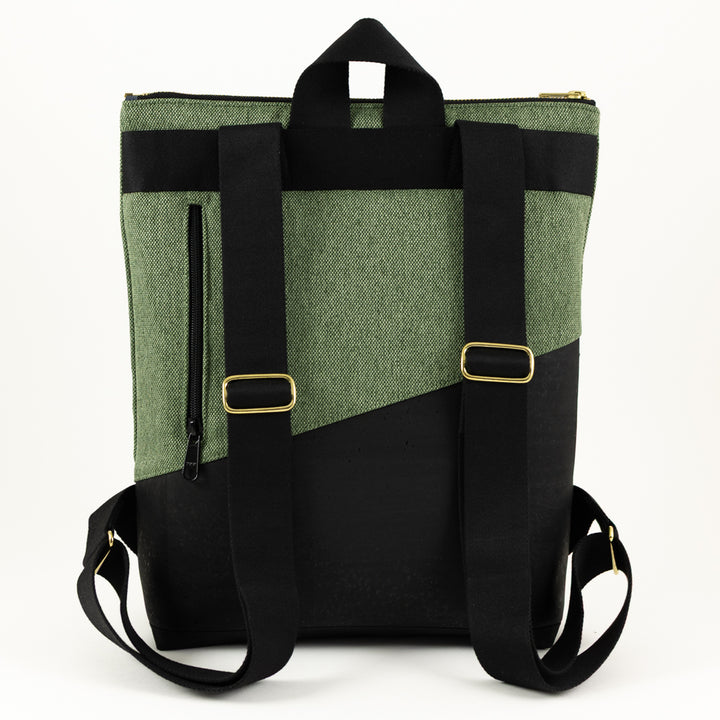 NOAS Mini Backpack Cork Black Canvas Forest Green – with secret compartment