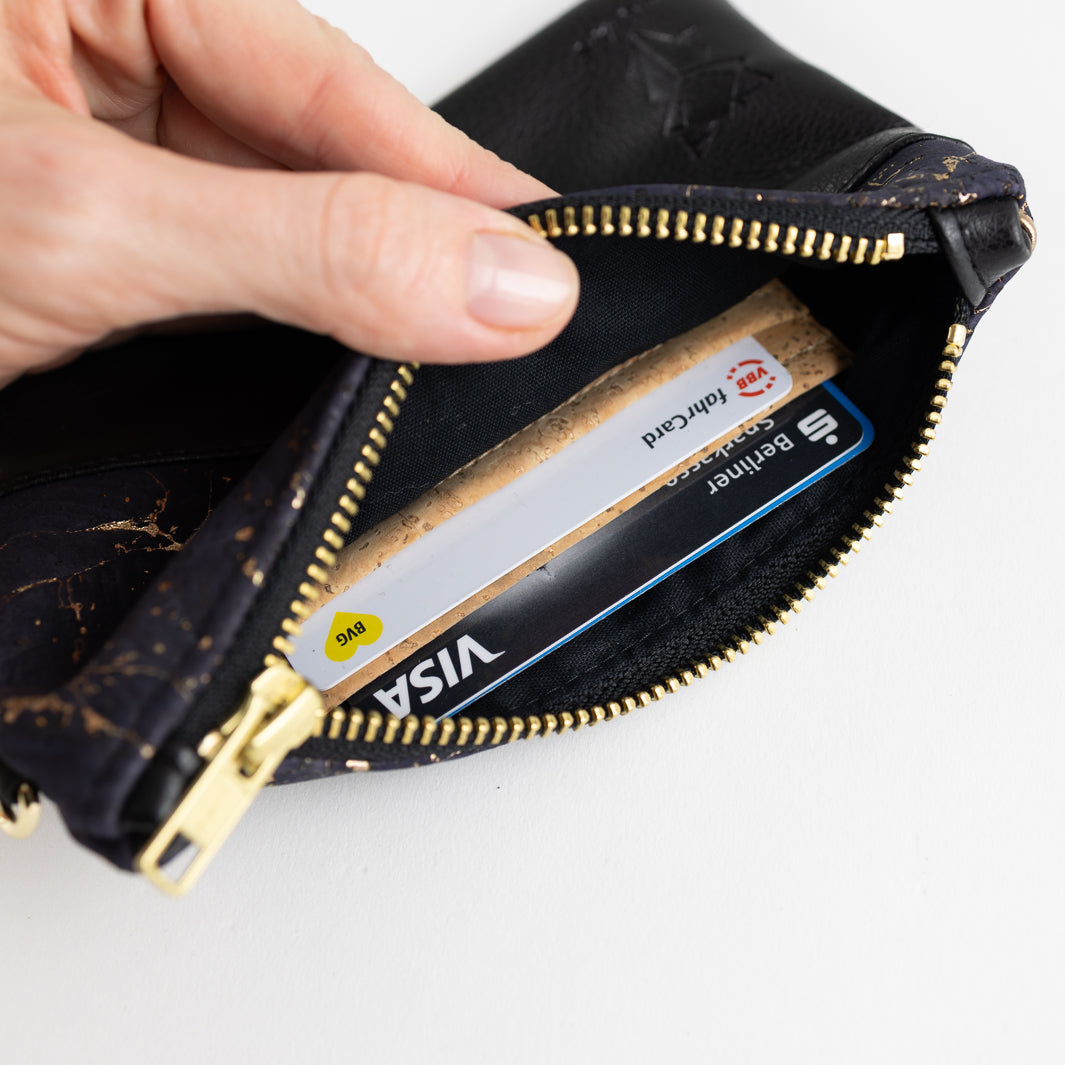 Mini-Geldbörse Kork Nachtblau Gold mit Kartenfächern