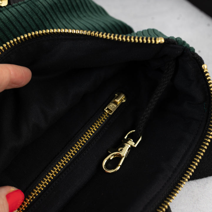 Mini-Rucksack Kork Schwarz Cord Waldgrün mit Geheimfach