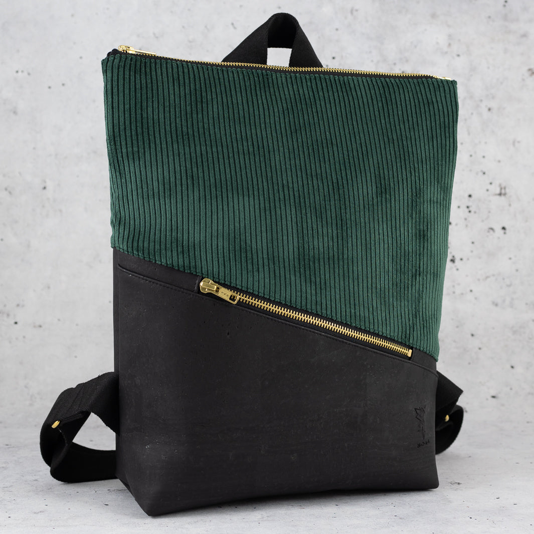 Mini-Rucksack Kork Schwarz Cord Waldgrün mit Geheimfach