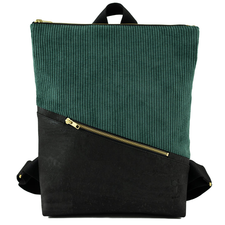Mini-Rucksack Kork Schwarz Cord Waldgrün mit Geheimfach