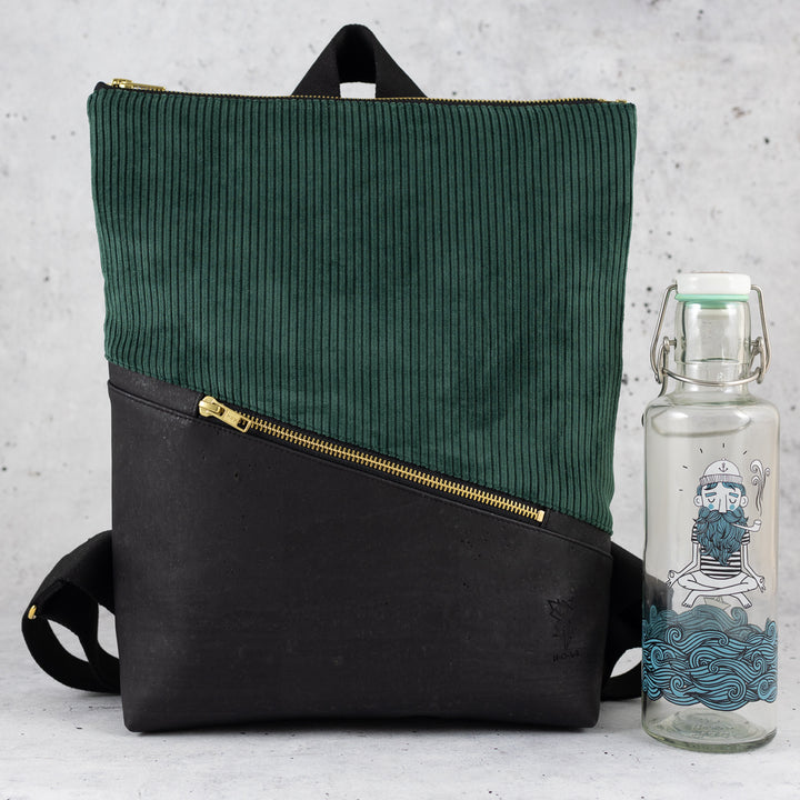 Mini-Rucksack Kork Schwarz Cord Waldgrün mit Geheimfach