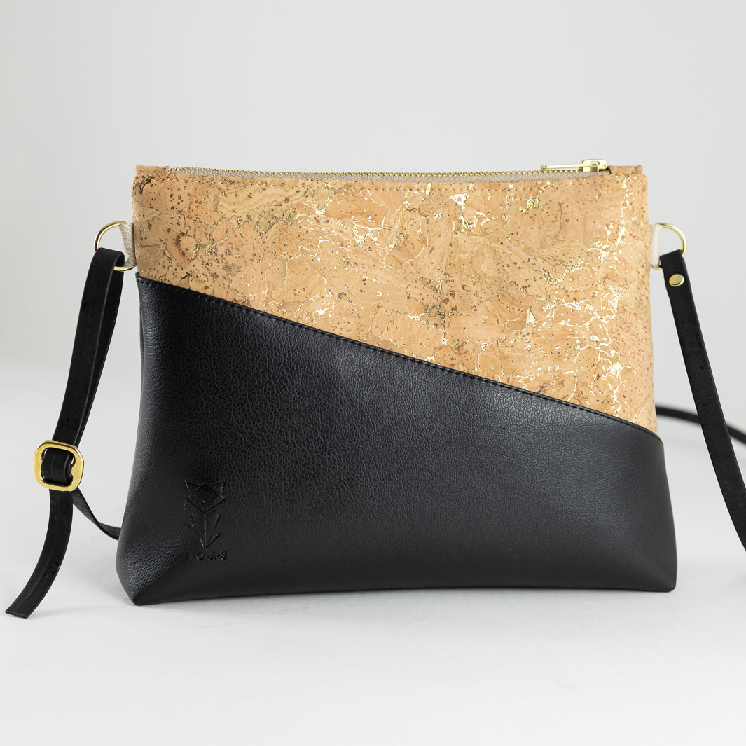 Kleine Handtasche KORK Natur Gold Schwarz mit Reißverschlusstasche