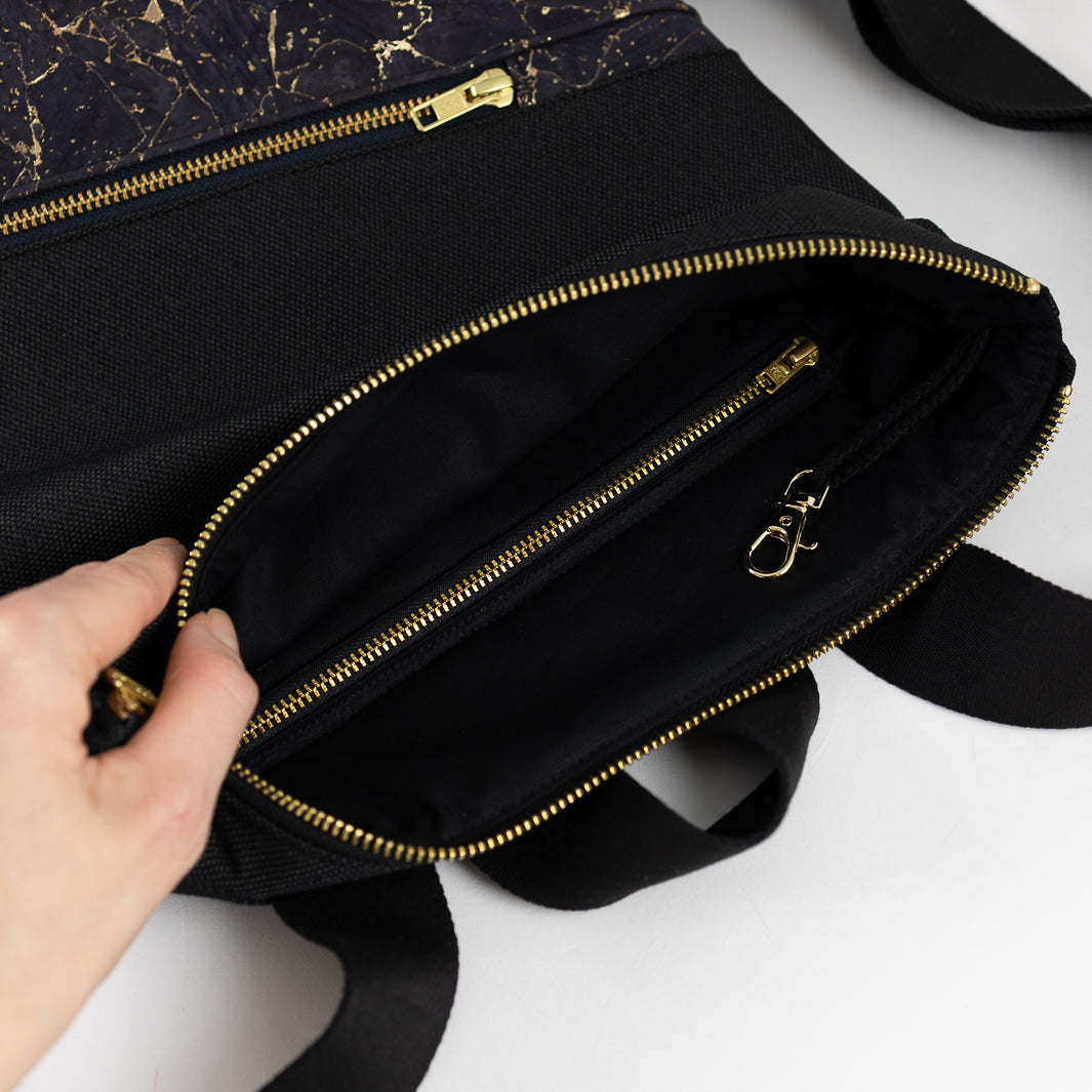 Mini-Rucksack Kork Nachtblau Gold mit Geheimfach