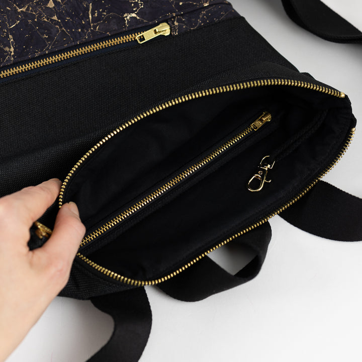 Mini-Rucksack Kork Nachtblau Gold mit Geheimfach