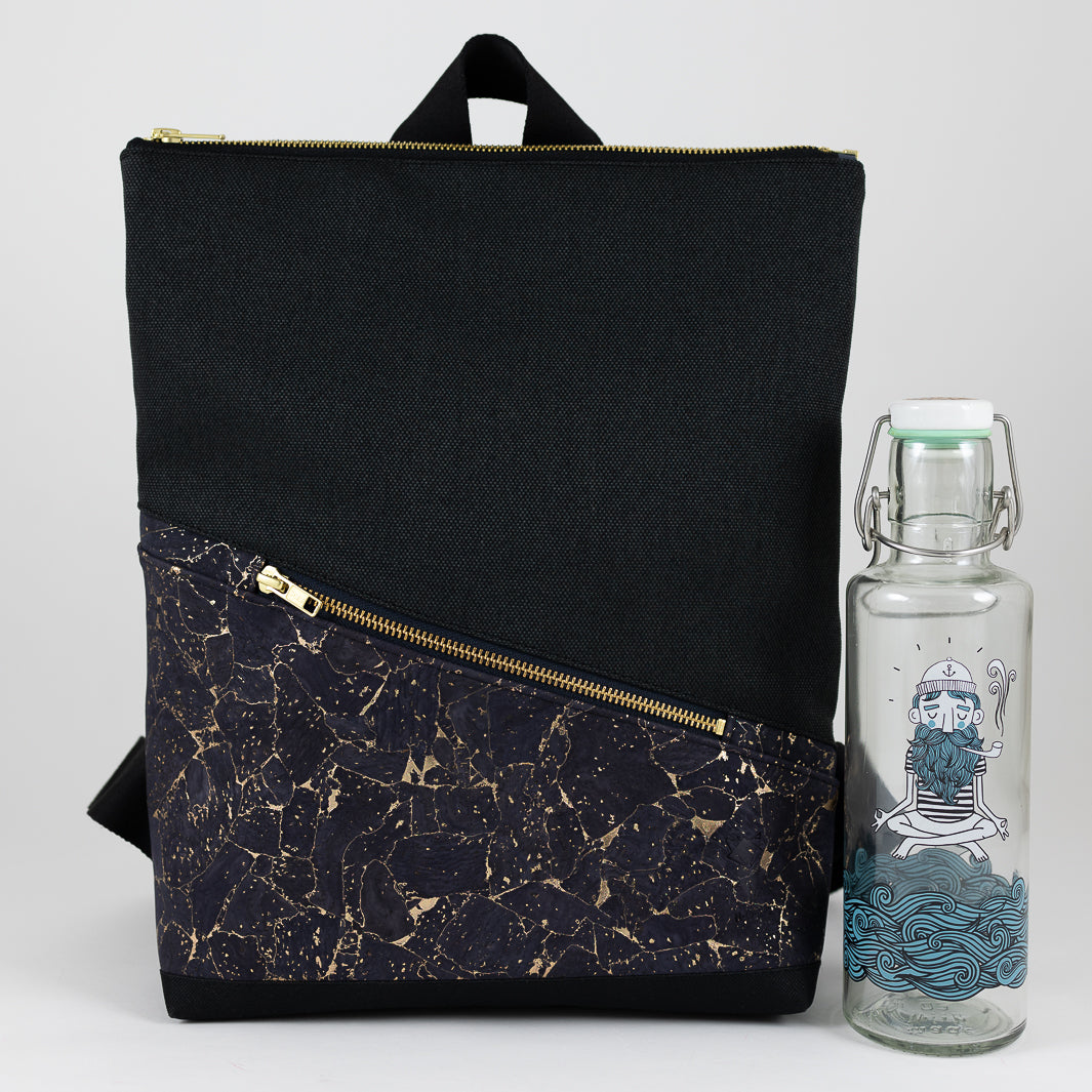 Mini-Rucksack Kork Nachtblau Gold mit Geheimfach