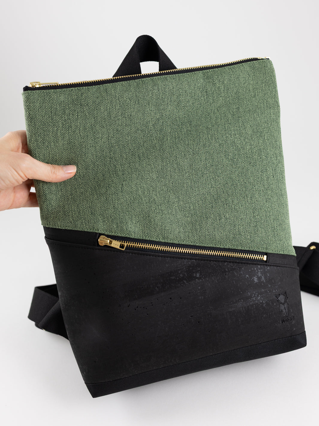 Mini-Rucksack Kork Schwarz Canvas Waldgrün mit Geheimfach