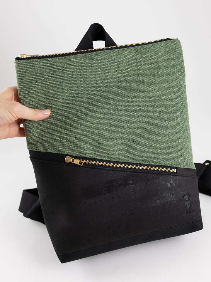 Mini-Rucksack Kork Schwarz Canvas Waldgrün mit Geheimfach