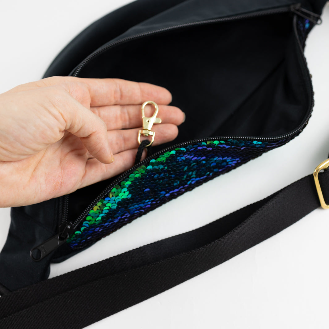 Bauchtasche Pailletten Samt Schwarz Size L