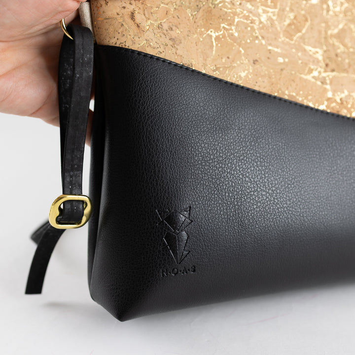 Kleine Handtasche KORK Natur Gold Schwarz mit Reißverschlusstasche
