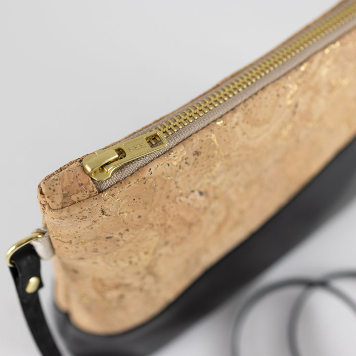 Kleine Handtasche KORK Natur Gold Schwarz mit Reißverschlusstasche