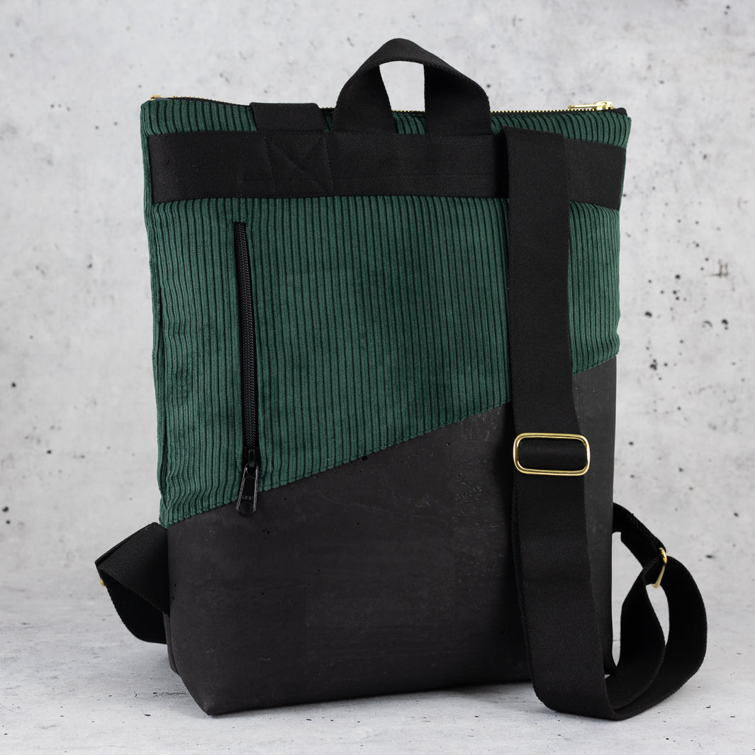 Mini-Rucksack Kork Schwarz Cord Waldgrün mit Geheimfach