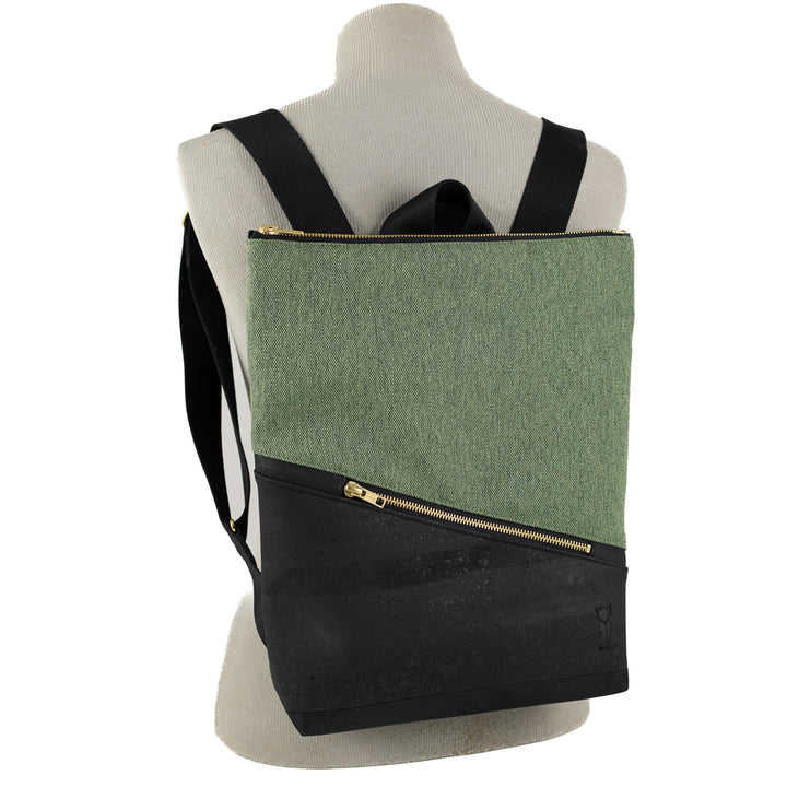 NOAS Mini Backpack Cork Black Canvas Forest Green – with secret compartment