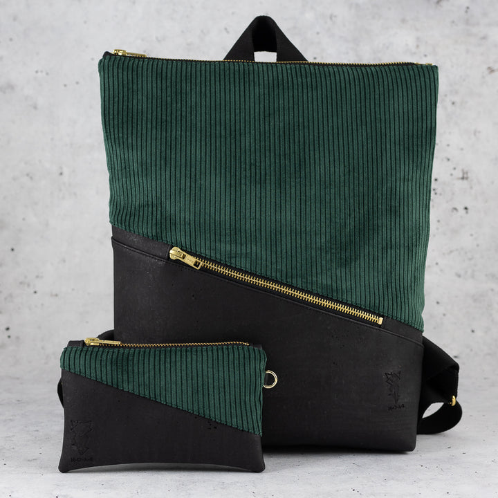 Mini-Geldbörse mit Kartenfächern Kork Schwarz CORD Waldgrün