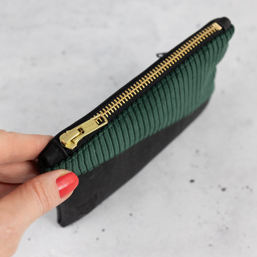 Mini-Geldbörse mit Kartenfächern Kork Schwarz CORD Waldgrün