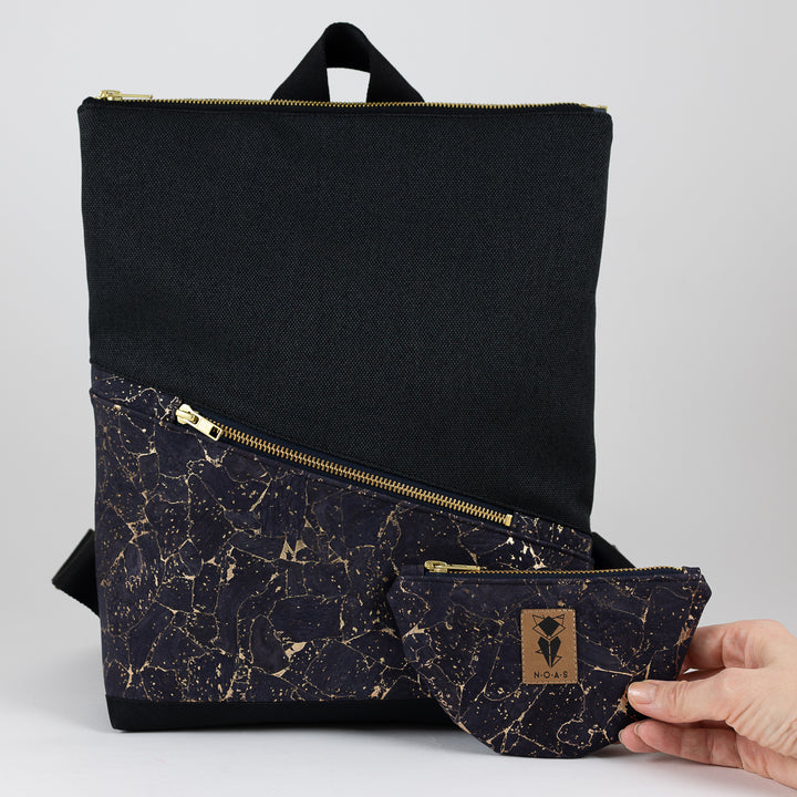 Mini-Rucksack Kork Nachtblau Gold mit Geheimfach