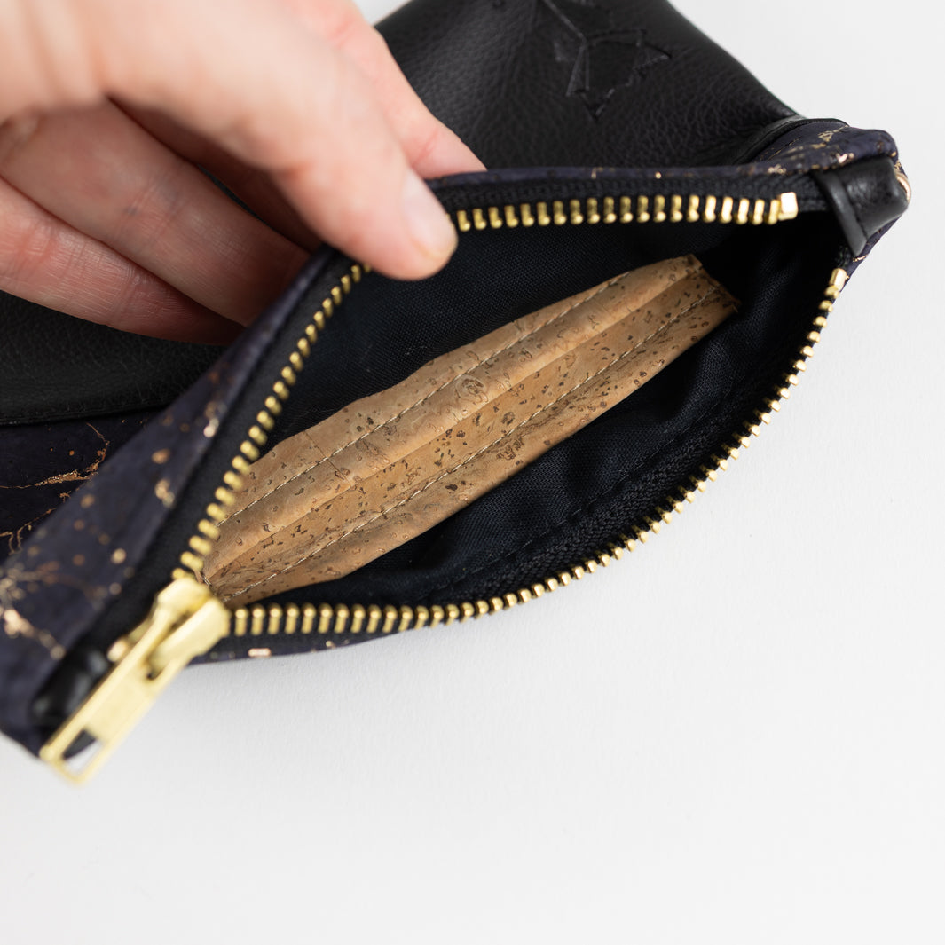 Mini-Geldbörse Kork Nachtblau Gold mit Kartenfächern