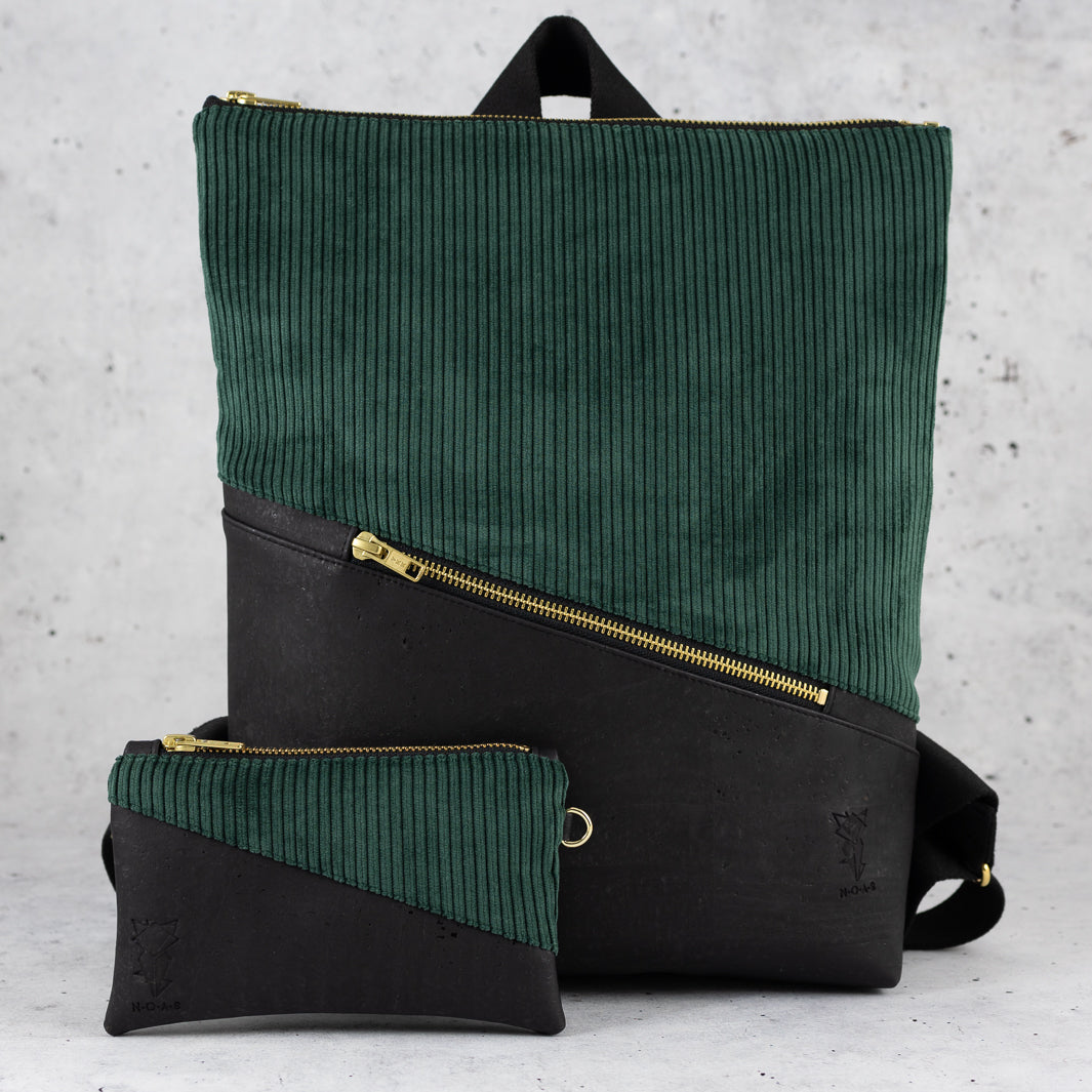 Mini-Rucksack Kork Schwarz Cord Waldgrün mit Geheimfach