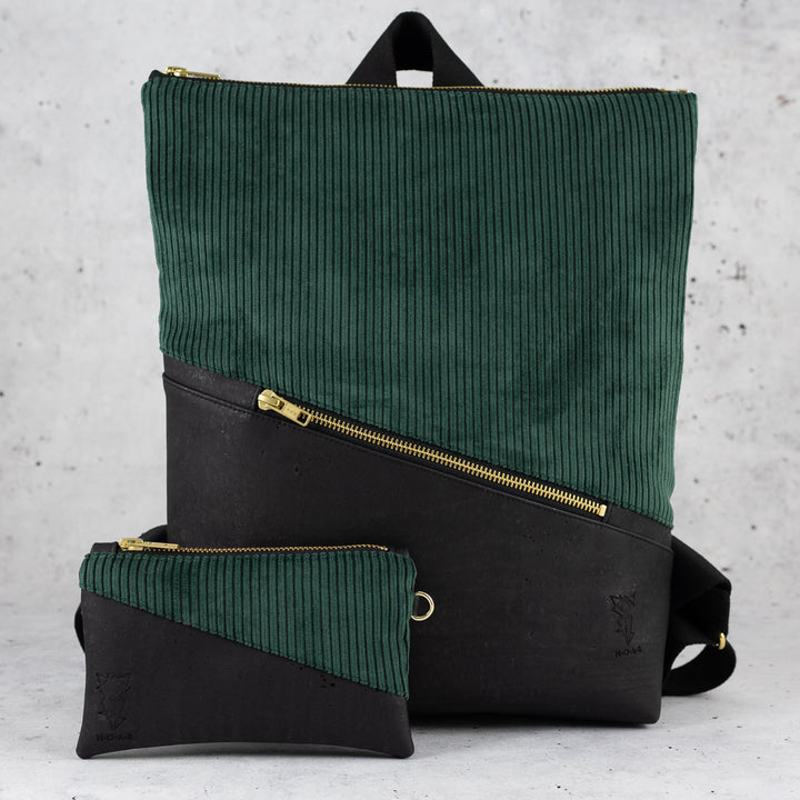 Mini-Rucksack Kork Schwarz Cord Waldgrün mit Geheimfach