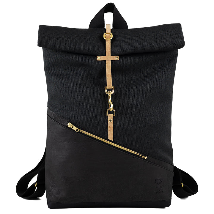 Kleiner Rolltop Rucksack aus Canvas und Kork von NOAS Berlin – minimalistisches Design in Schwarz, individuell gestaltbar.