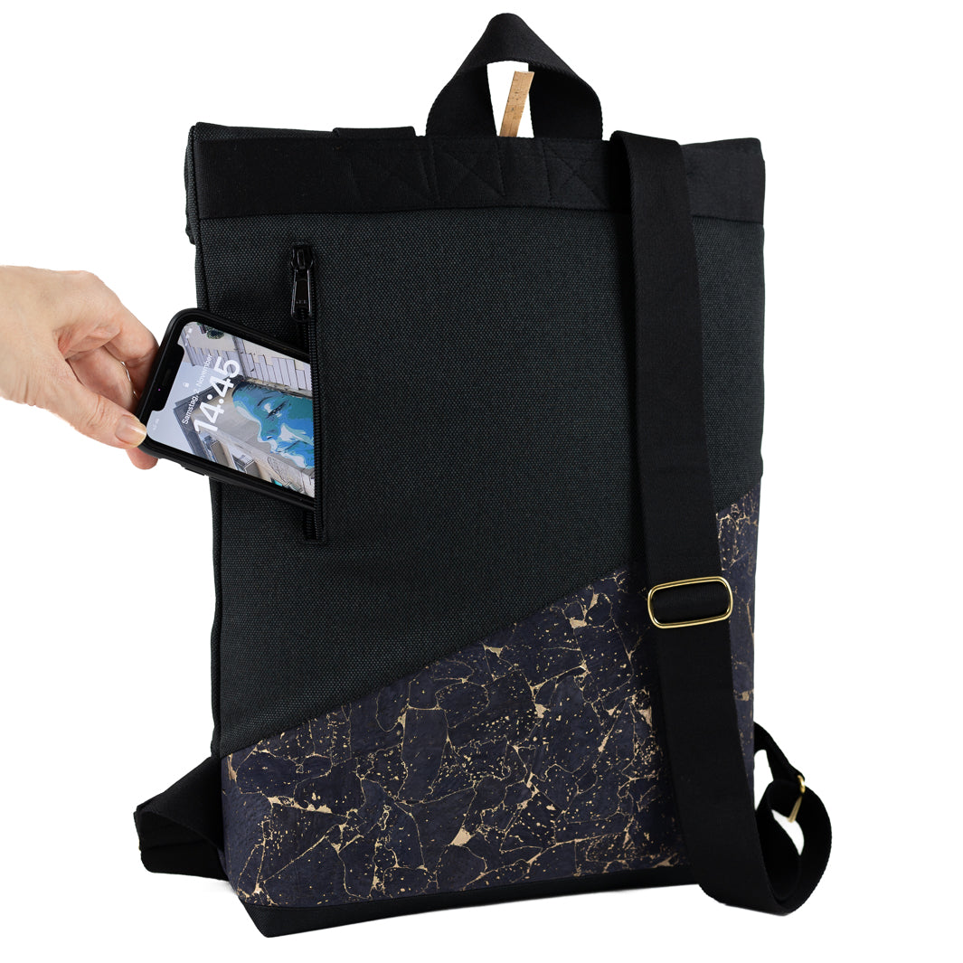 Kleiner Rolltop Rucksack Kork Nachtblau Gold mit Geheimfach – NOAS