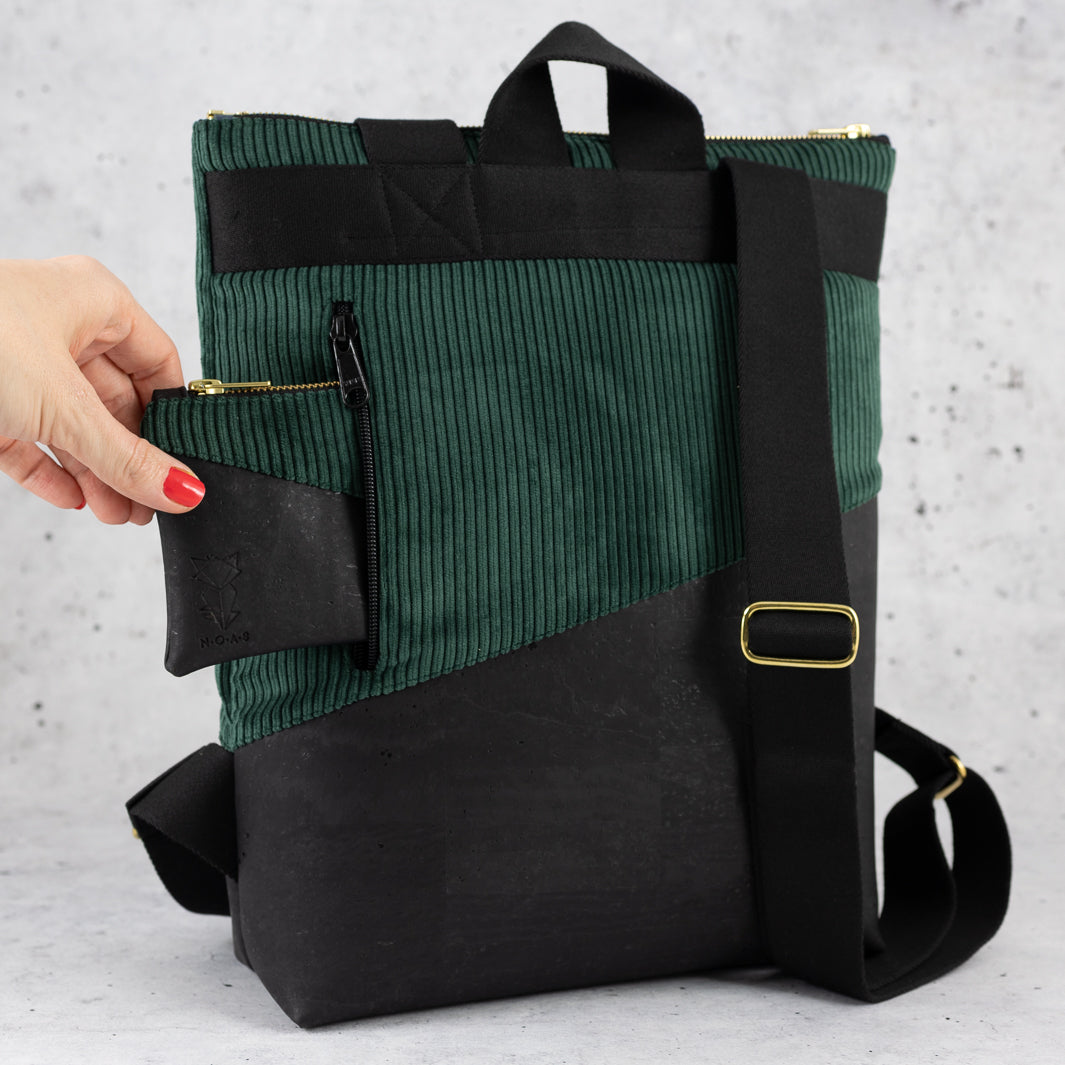 Mini-Rucksack Kork Schwarz Cord Waldgrün mit Geheimfach