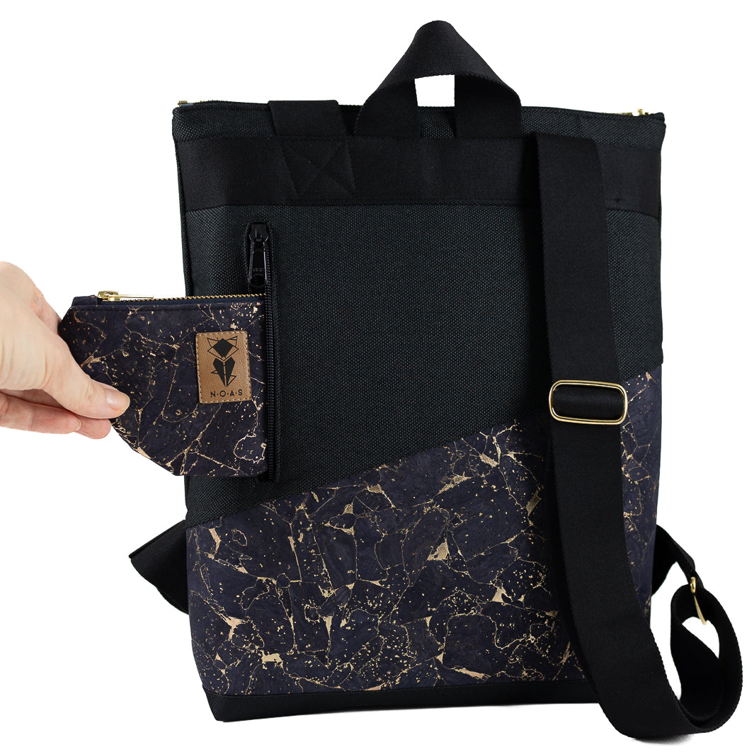 Mini-Rucksack Kork Nachtblau Gold mit Geheimfach