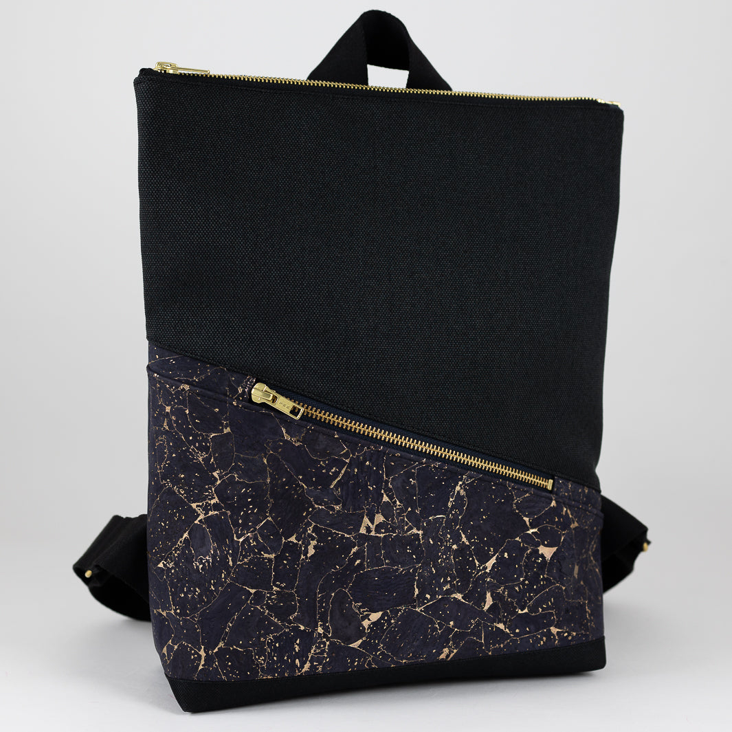 Mini-Rucksack Kork Nachtblau Gold mit Geheimfach