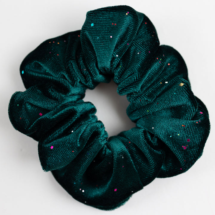 Scrunchie Samt Dunkelgrün mit buntem Glitzer