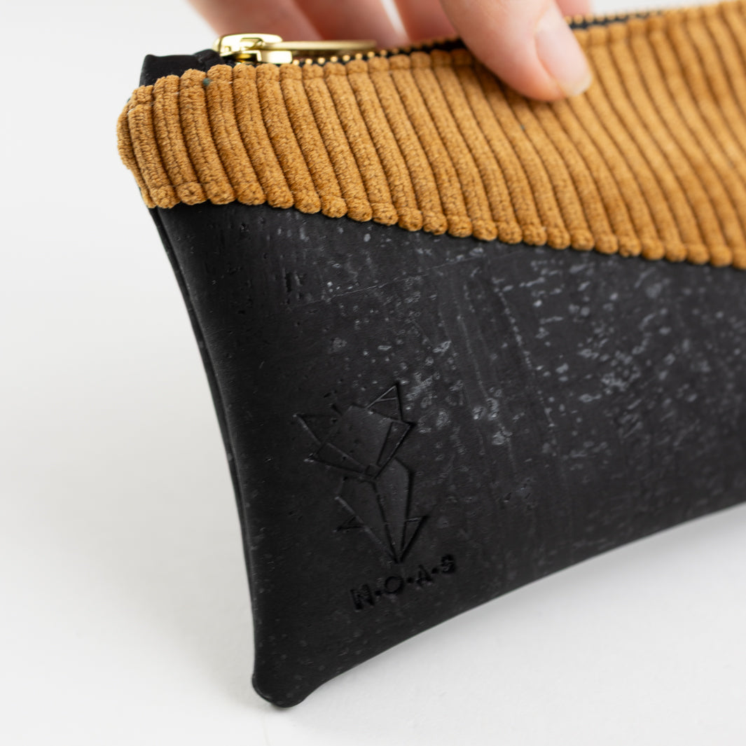 Mini-Geldbörse mit Kartenfächern Kork Schwarz CORD Honiggelb