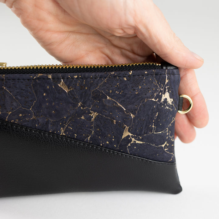 Mini-Geldbörse Kork Nachtblau Gold mit Kartenfächern