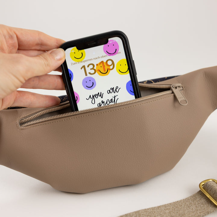 Bauchtasche Taupe Kork Nachtblau Gold Size M