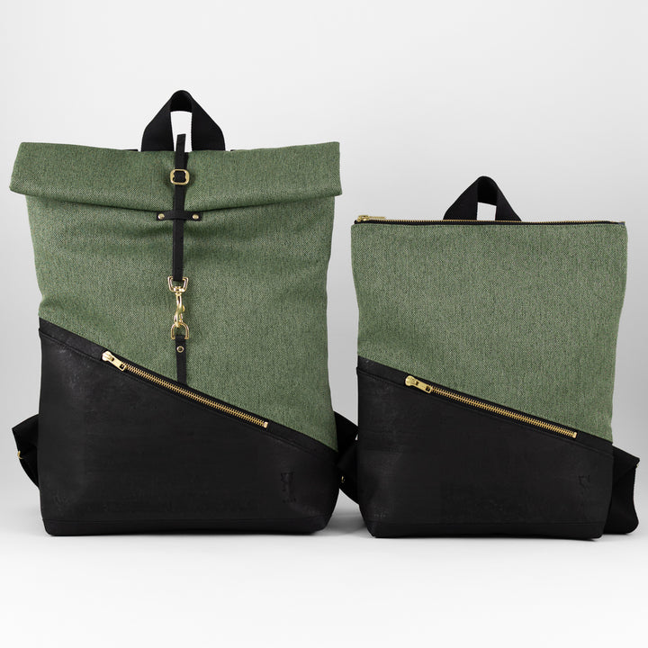 NOAS Mini Backpack Cork Black Canvas Forest Green – with secret compartment