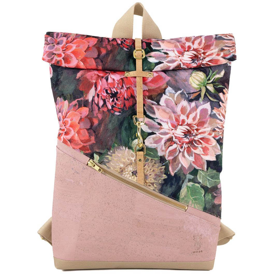 Kleiner Rolltop Rucksack Kork Rosa Spring Blossom mit Geheimfach