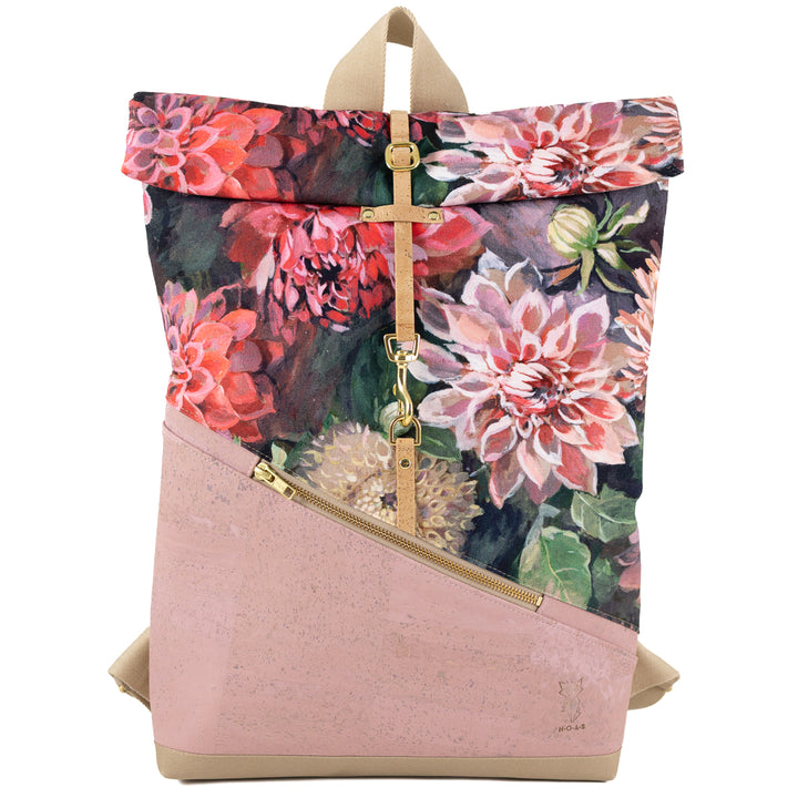Kleiner Rolltop Rucksack Kork Rosa Spring Blossom mit Geheimfach