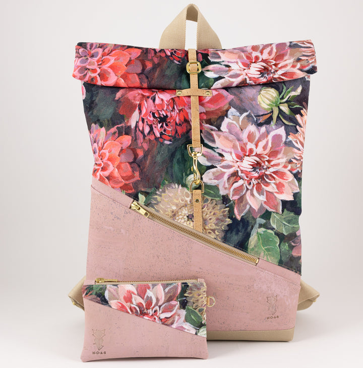 Kleiner Rolltop Rucksack Kork Rosa Spring Blossom mit Geheimfach