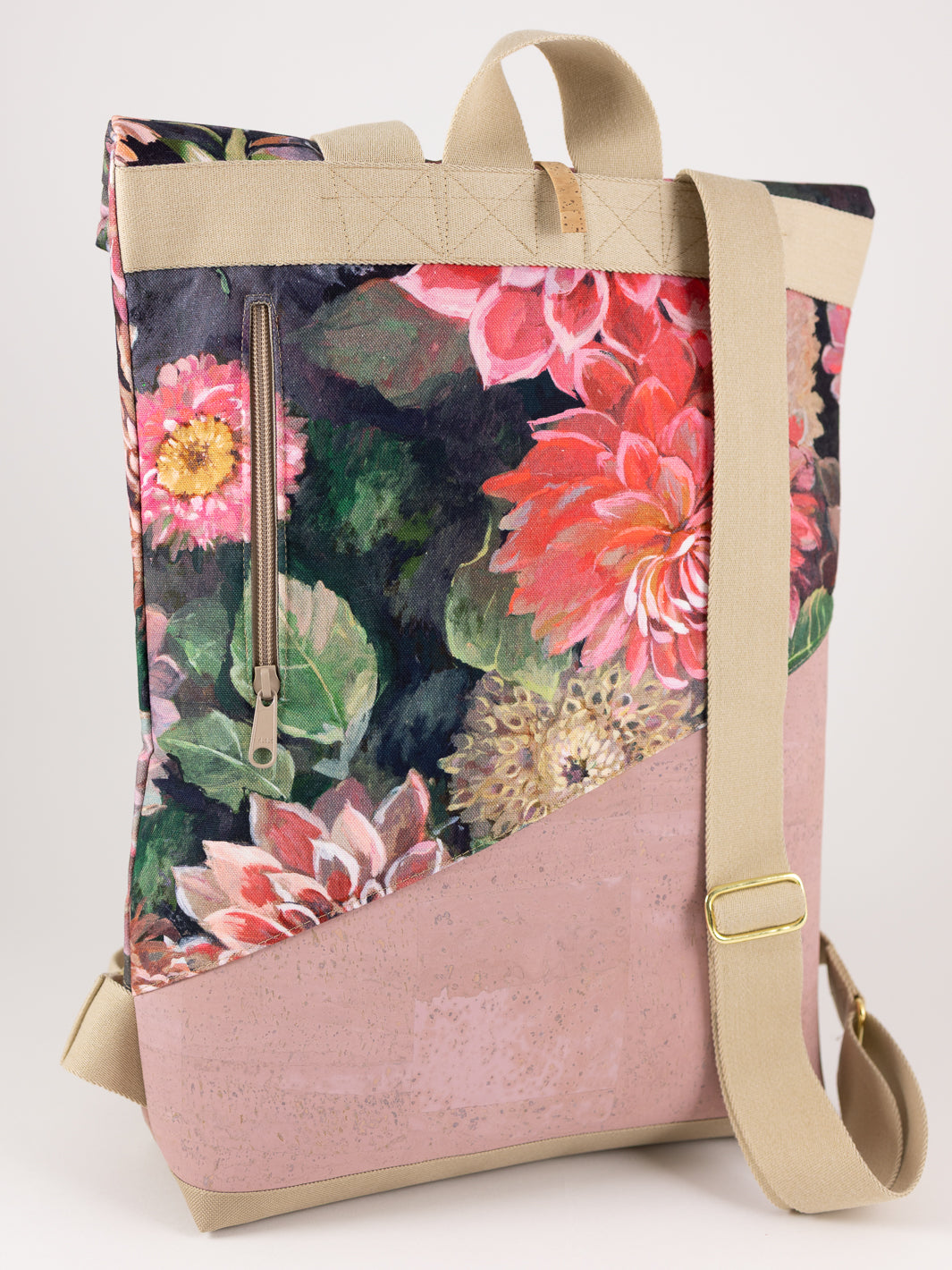 Kleiner Rolltop Rucksack Kork Rosa Spring Blossom mit Geheimfach