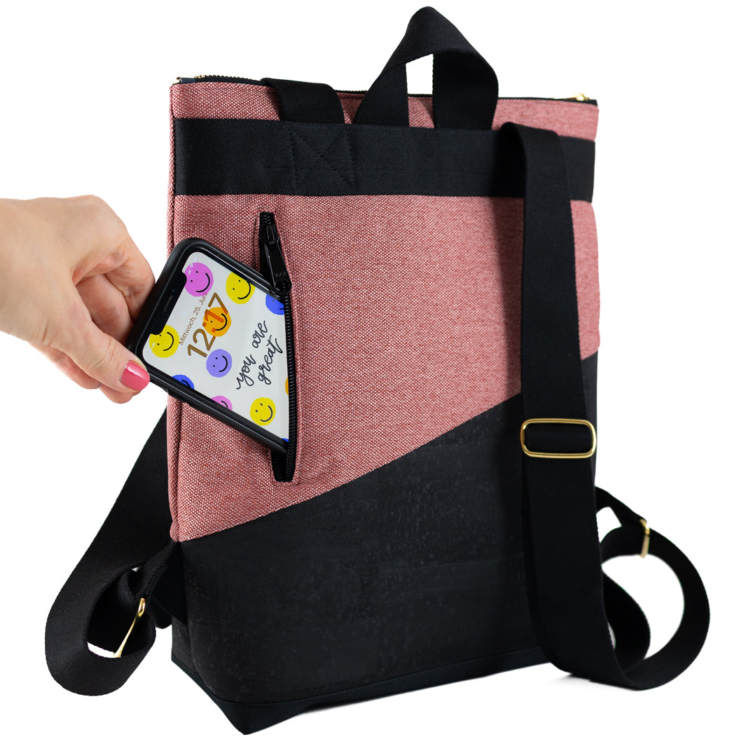 Mini-Rucksack  Kork Schwarz Canvas Altrosa mit Geheimfach