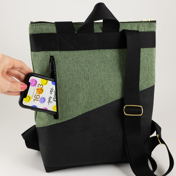 Mini-Rucksack Kork Schwarz Canvas Waldgrün mit Geheimfach