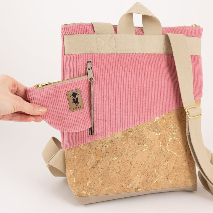 Mini-Rucksack Kork Natur Gold Cord Bubblegum mit Geheimfach