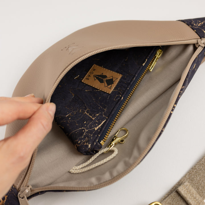 Bauchtasche Taupe Kork Nachtblau Gold Size M