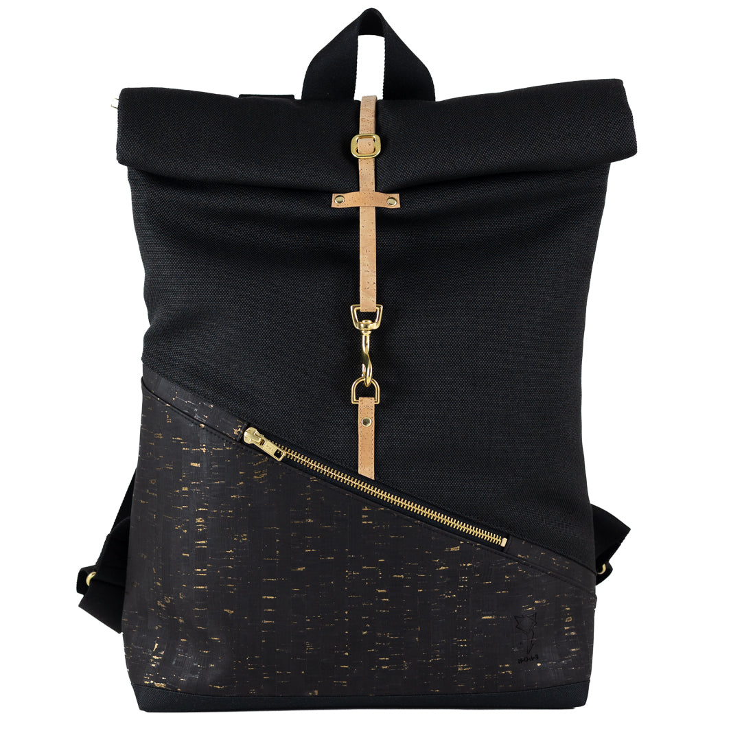 NOAS Rolltop Rucksack Everyday Size M aus schwarzem Kork und Canvas mit goldenen Details
