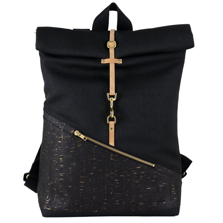NOAS Rolltop Rucksack Everyday Size M aus schwarzem Kork und Canvas mit goldenen Details