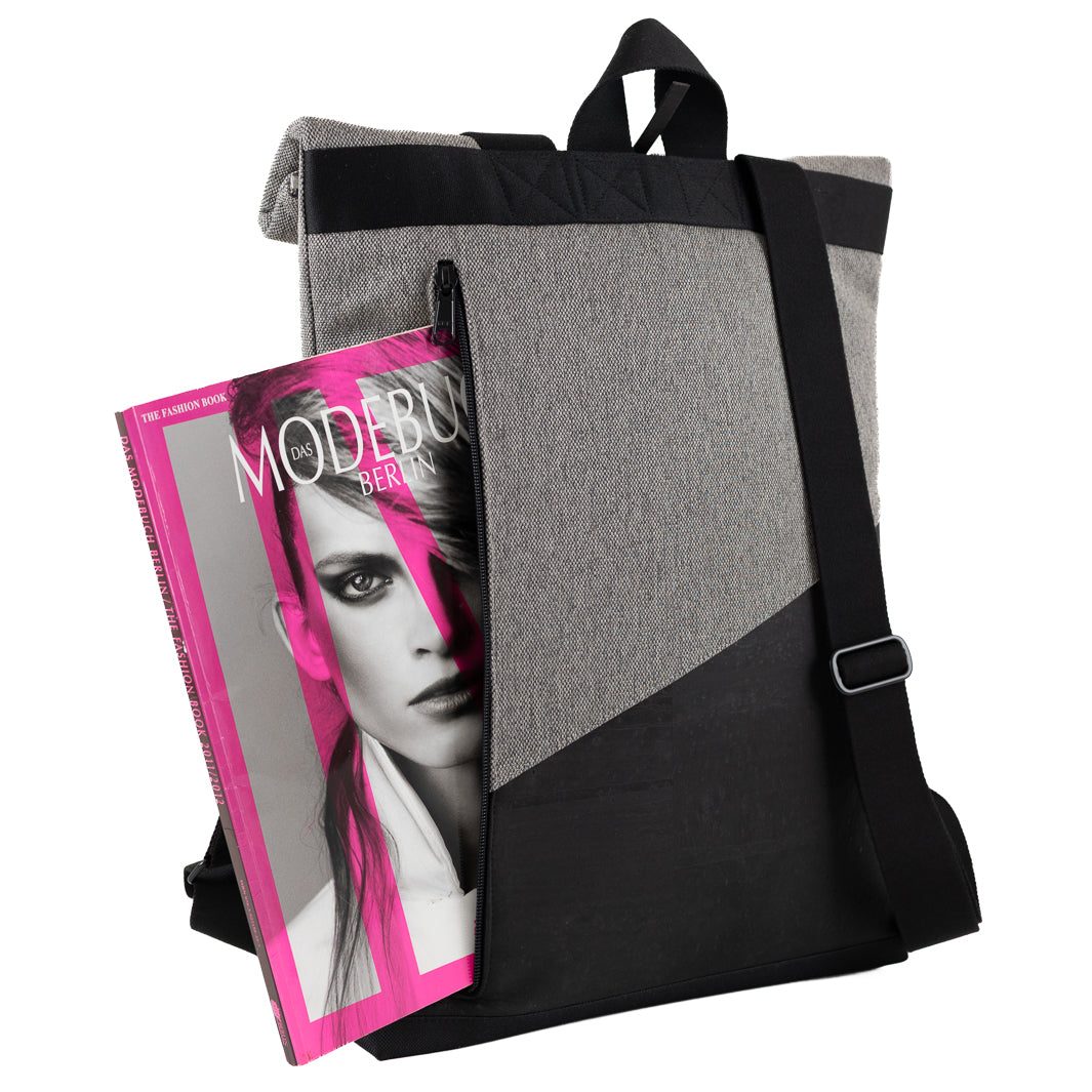 NOAS Rolltop Rucksack Everyday – Size M | mit Laptopfach - Kork Schwarz Canvas Hellgrau