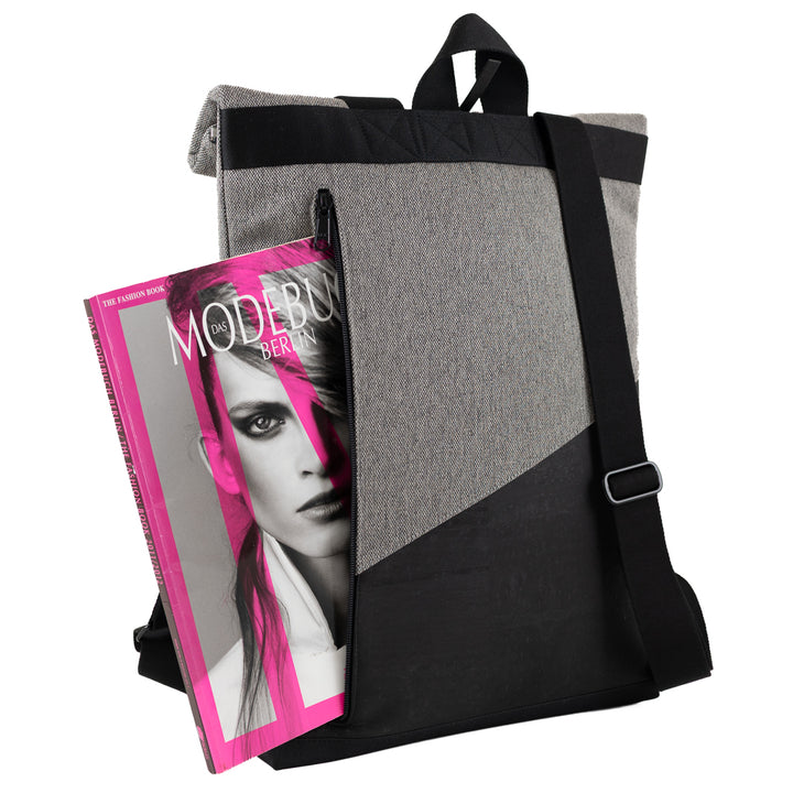 NOAS Rolltop Rucksack Everyday – Size M | mit Laptopfach - Kork Schwarz Canvas Hellgrau