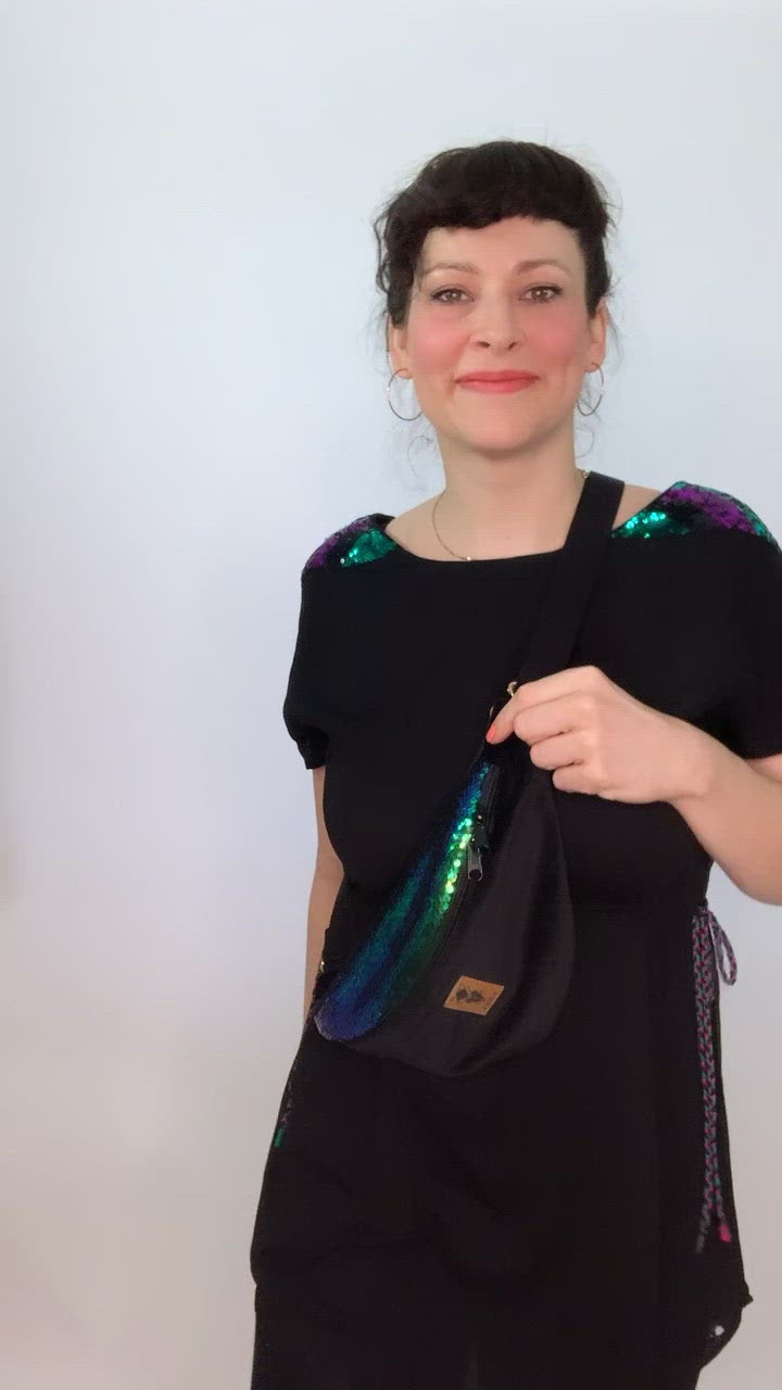 Bauchtasche Pailletten Samt Schwarz Size L