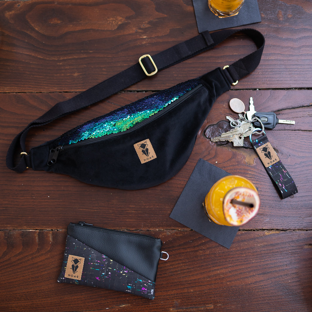 Bauchtasche Pailletten Samt Schwarz Size L